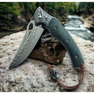 Handcrafted Forged Damascus Steel Folding Knife With Forest Green Staypak Handle